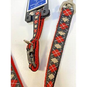 Dog Leash & Adjustable Collar 4ft Lead Argyle Plaid RL Inspired Black Red XS